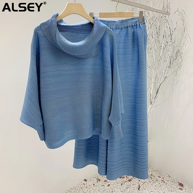 

ALSEY Miyake Pleated Women's Set Scarf Neck Long Sleeve Top + Folded Loose Casual Solid Color Wide Leg Pants Two Piece Set 2023