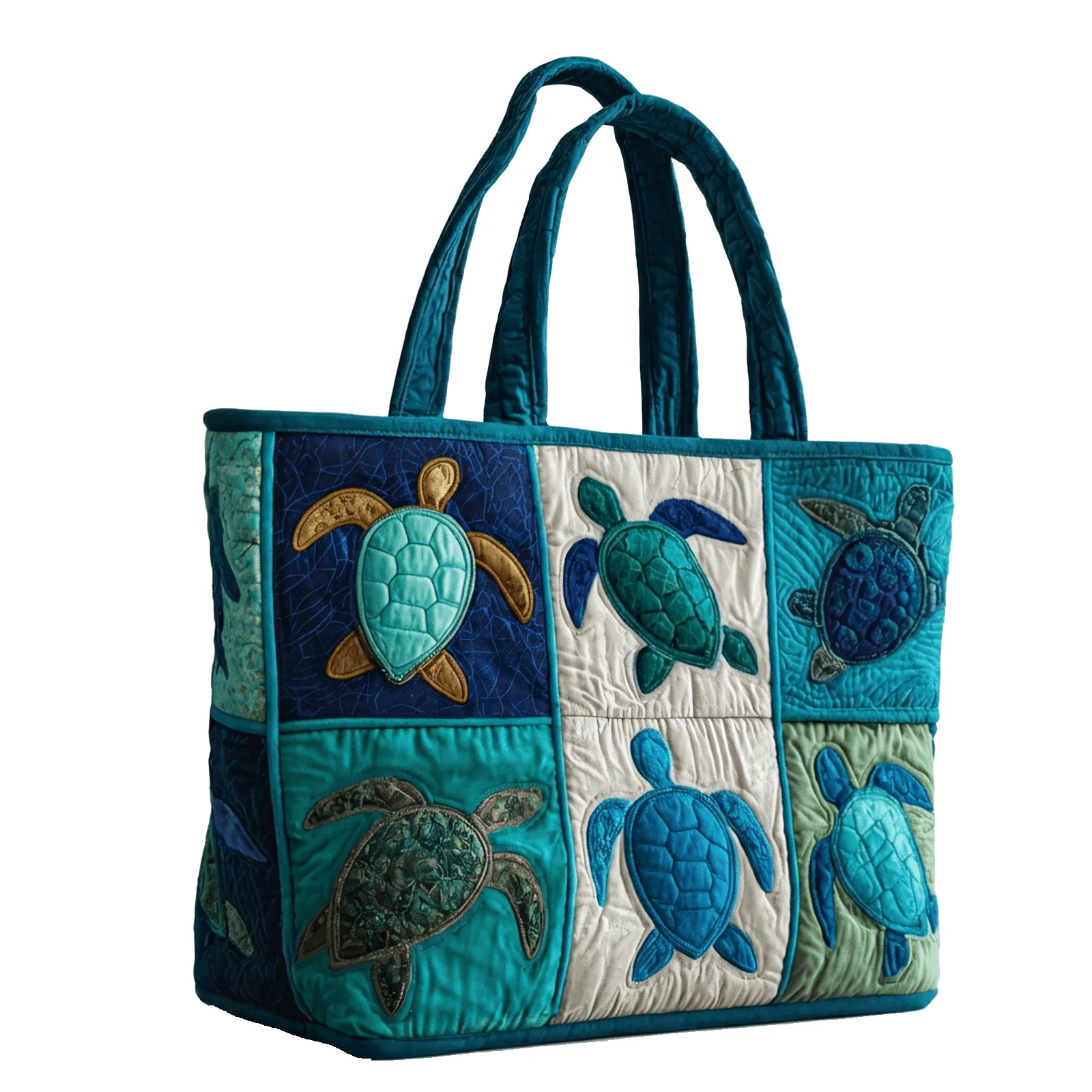 

Ocean Sea Turtle Patchwork Quilted Tote Bag Blue Teal Turtle Print Beach Tote Bag for Travle and Daily Shopping