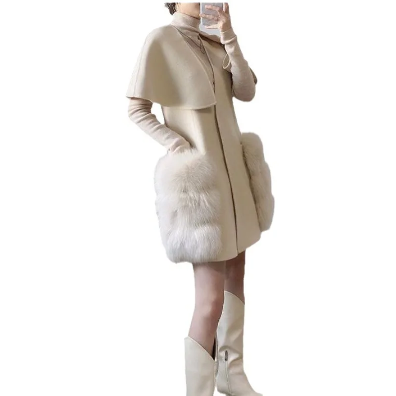 

Шерстяное пальто-накидка, женская шаль-куртка, двустороннее кашемировое пальто с мехом и карманами, осень-зима 2025, для невысоких мужчин