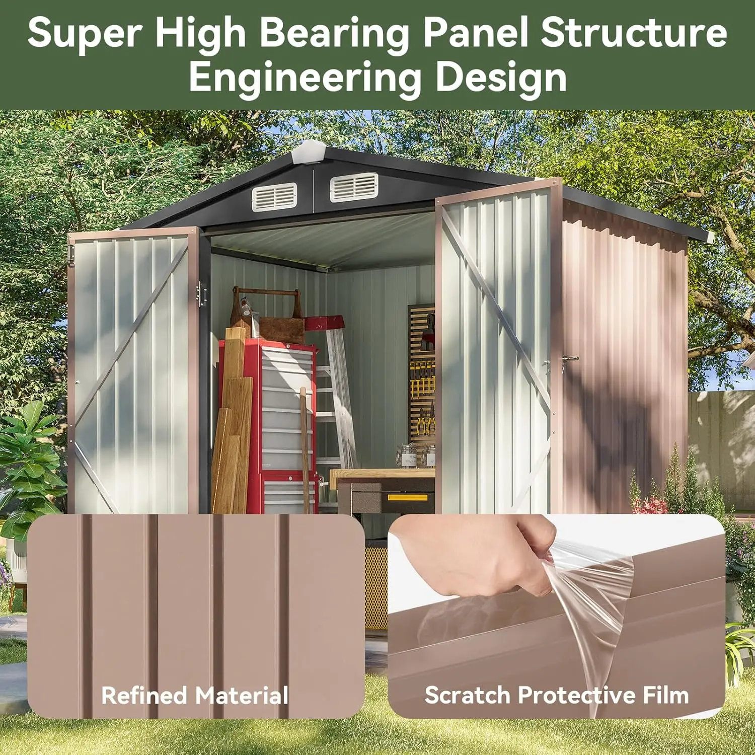 Cobertizo de almacenamiento para exteriores de 6x4 pies, cobertizo de herramientas de jardín de metal con puertas bloqueables y techo inclinado, resistente a la intemperie, marrón