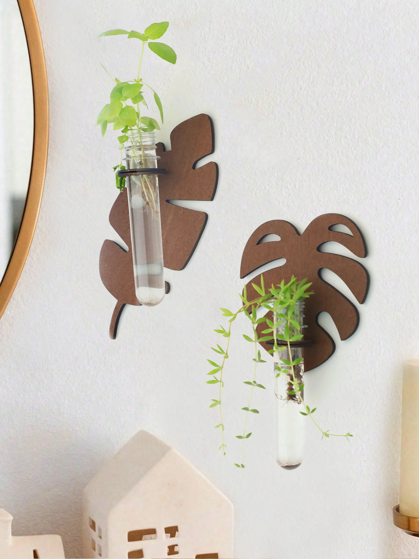 1/2 Pcs Brown Wooden Wall Planters Turtle Back Leaf Plant Pots Indoor Propagation Station Wall Decor Vase Stand Home Decorations