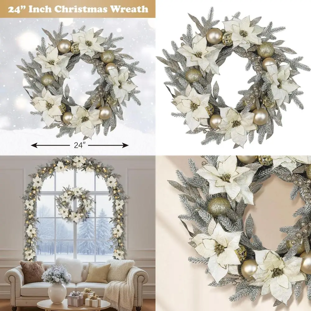 

Искусственный рождественский венок с белыми серебряными шариками, пуансеттия цвета слоновой кости, сусальное золото - праздничное украшение для входной двери дома (Индо