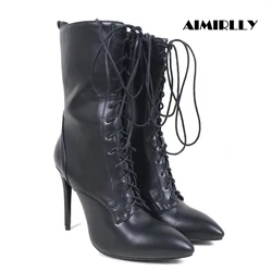 Women Black Pointed Toe High Heel Stiletto Lace Up Mid Calf Boots