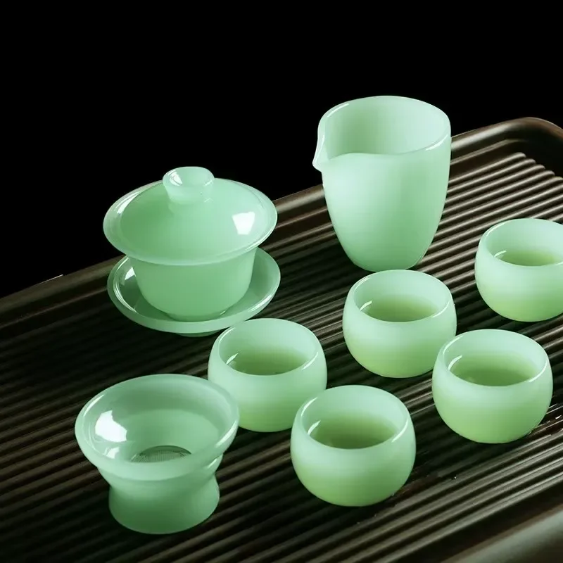 Green Jade Kung Fu Tea Set Glass Teacup with Glazed Cover Bowl New Chinese Style Reusable Home Office Gift Box Household Ware