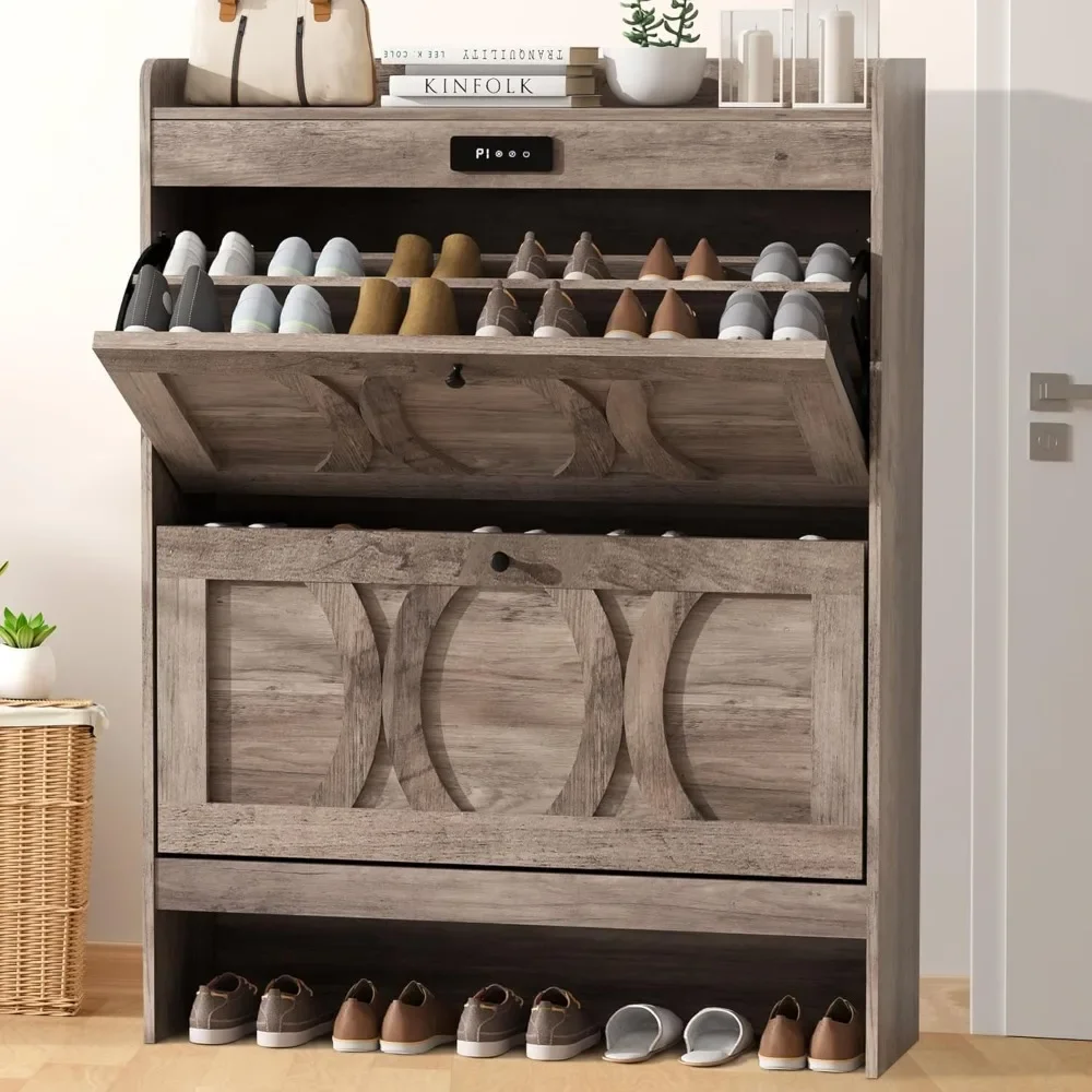 

Shoe Cabinet with 2 Flip Drawers, LED Touchscreen Shoe Storage Organizer with Wooden Legs, Narrow Freestanding Entryway Shoe St