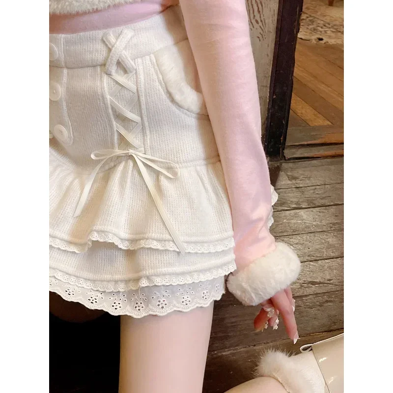 Japanese kawaii Lolita Mini skirt women Winter lace casual elegant sweet female skirt high waist bandage Korean skirt 2024 New