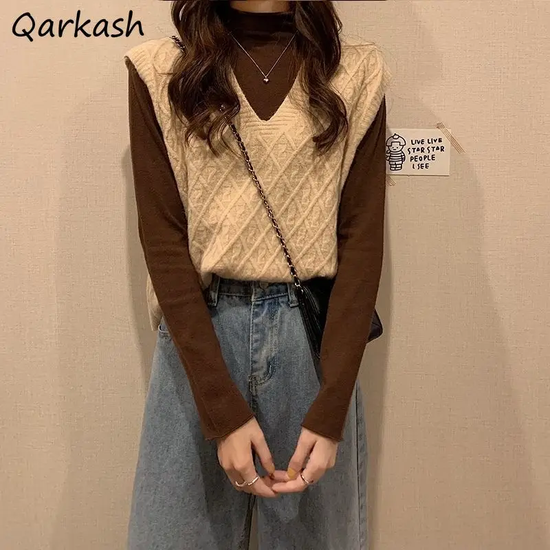 Sweet Sweater Vests Women Preppy Style Knitted Vintage Jacquard Argyle V-neck Fashion All-match Lovely Youthful Loose Solid Chic