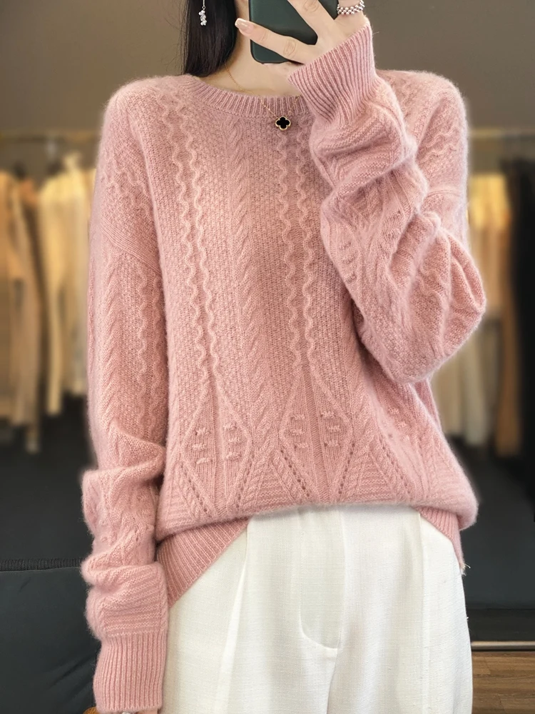 Women O-neck Twist Flower Pullover Autumn Winter 100% Merino Wool Sweater Thick Warm Basic Cashmere Knitwear Korean Fashion Tops