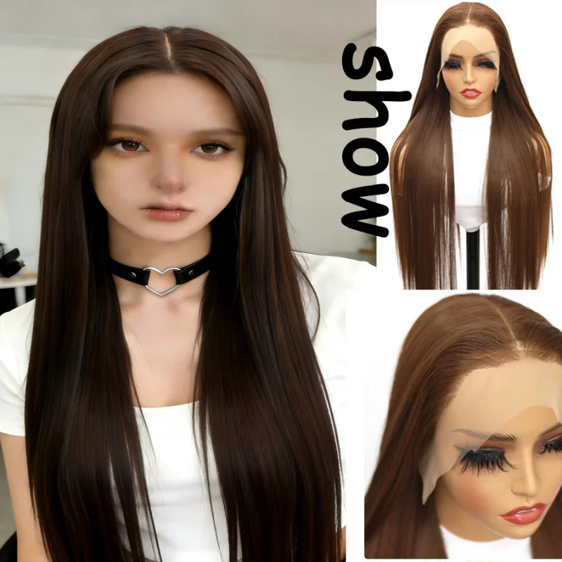 

26 Inch Brown Straight 13x4 Lace Front Synthetic Wig Heat Resistant For Women Mocha Brown Glueless