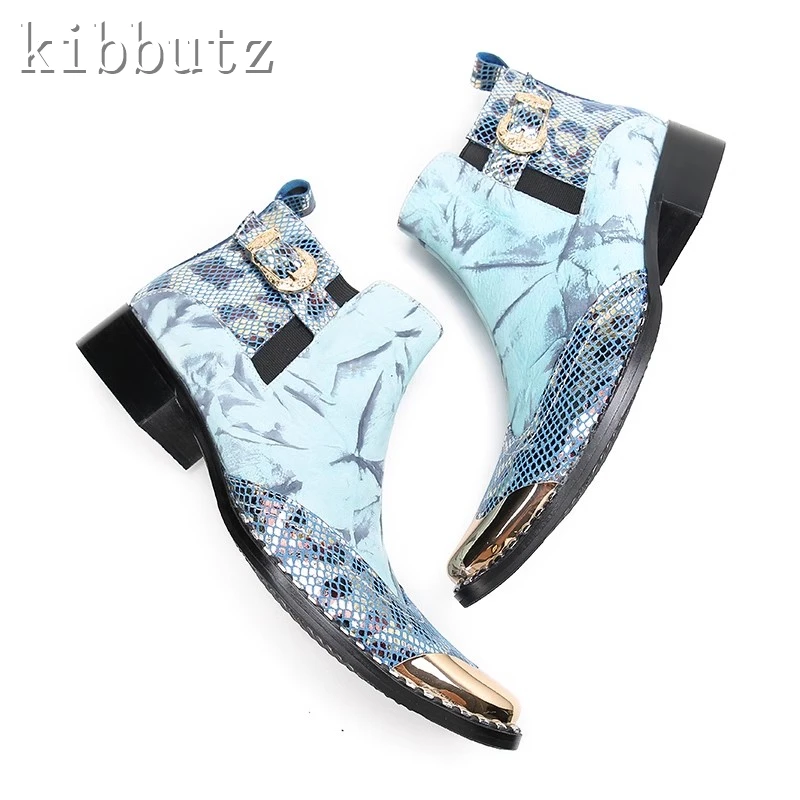 Sky Blue Prints Men Short Boots Luxury Design Metal Toe Genuine Leather Rivets Buckle Decoration Chelsea Boots