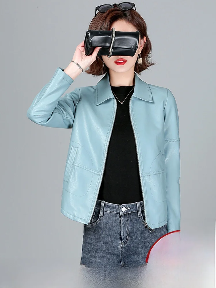 

Spring Autumn Short Fit Women's Leather Jacket 2026 Haining New Style Sheepskin Korean Version Biker Coat Zipper Closure