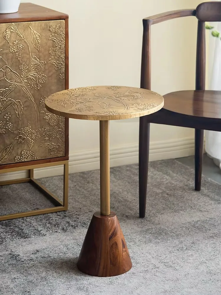 Living Room Sofa Round Table Movable Side Table Balcony Casual Coffee Table Retro Brass Solid Wood Bedroom Bedside