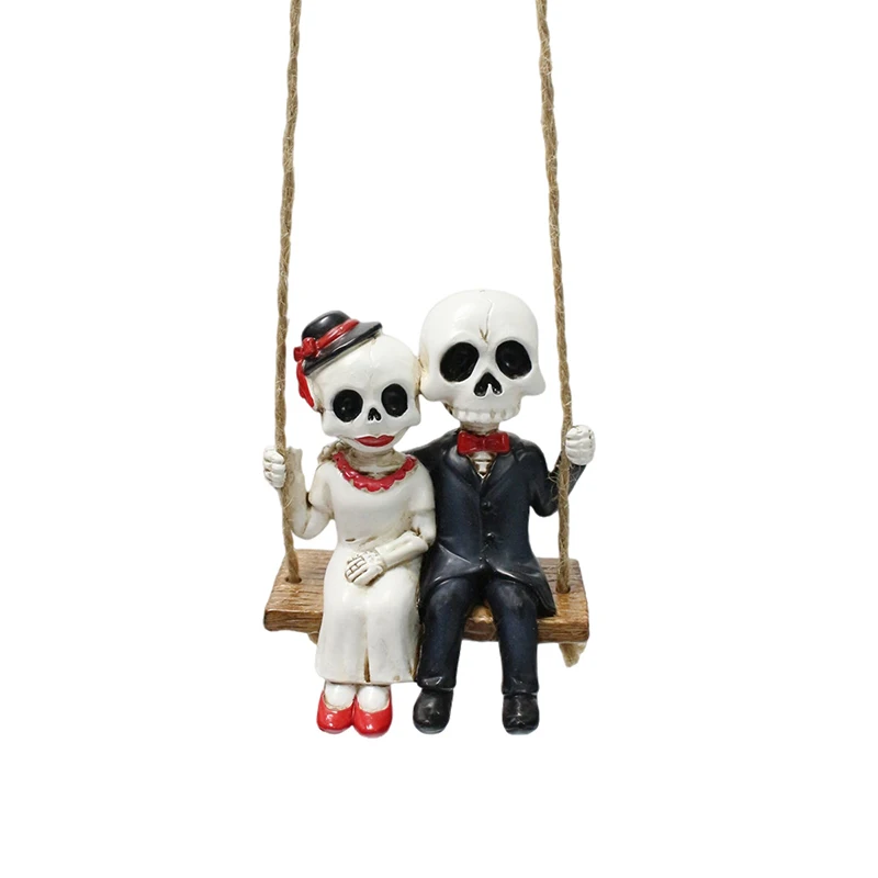 Statue de jardin de Couple squelette pivotant, décor d'extérieur d'halloween, Figurine de crâne mignon de 3.3 pouces, Sculpture en résine, ornements suspendus d'arbre