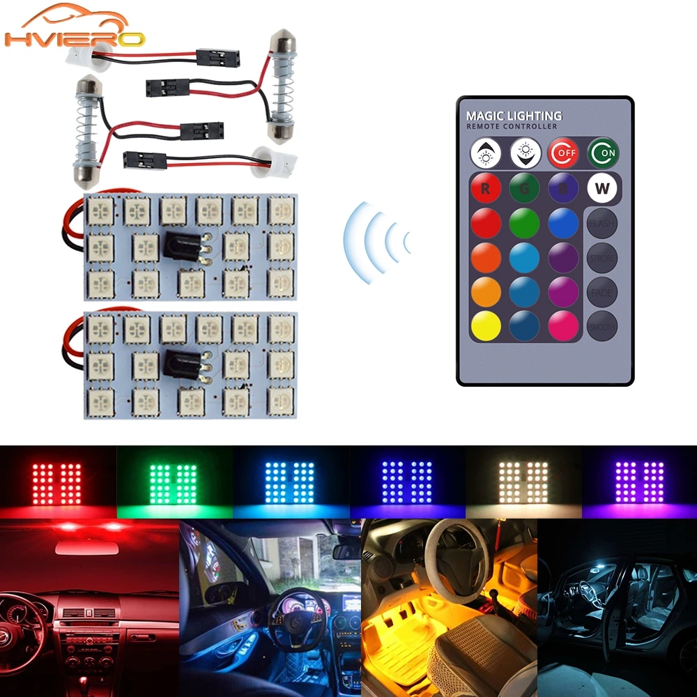 2 pièces T10 LED RGB intérieur 12V 5050 SMD lampe de coffre décorative télécommande multicolore panneau de voiture tableau de bord dôme éclairage de lecture