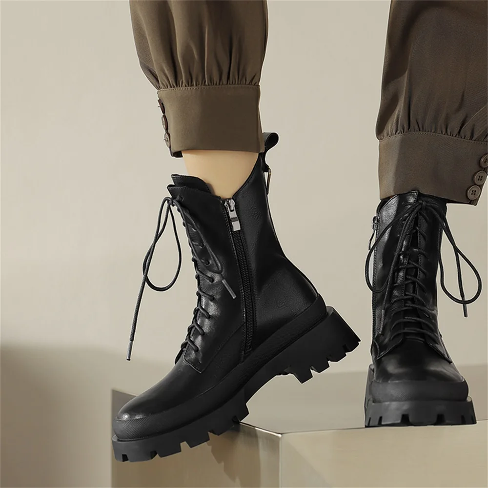 Taoffen Genuine Leather 2023 Fashion Women Low Heel Chunky Motorcycle Boots Causal Thick Bottom  Lace Up Boots With Zipper