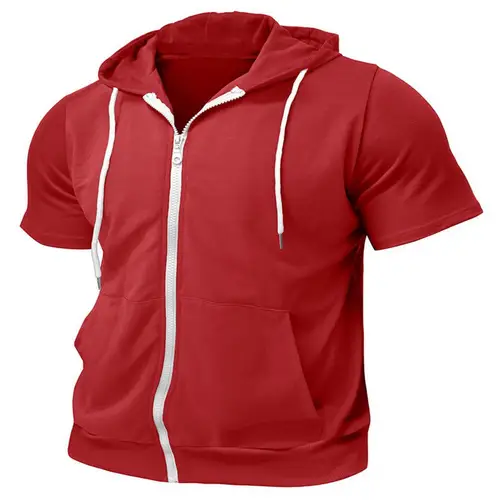 Camiseta con capucha y cremallera para hombre, camiseta con capucha de manga corta de verano, camiseta con cremallera de Color sólido y bolsillos para deportes callejeros, camiseta de gimnasio