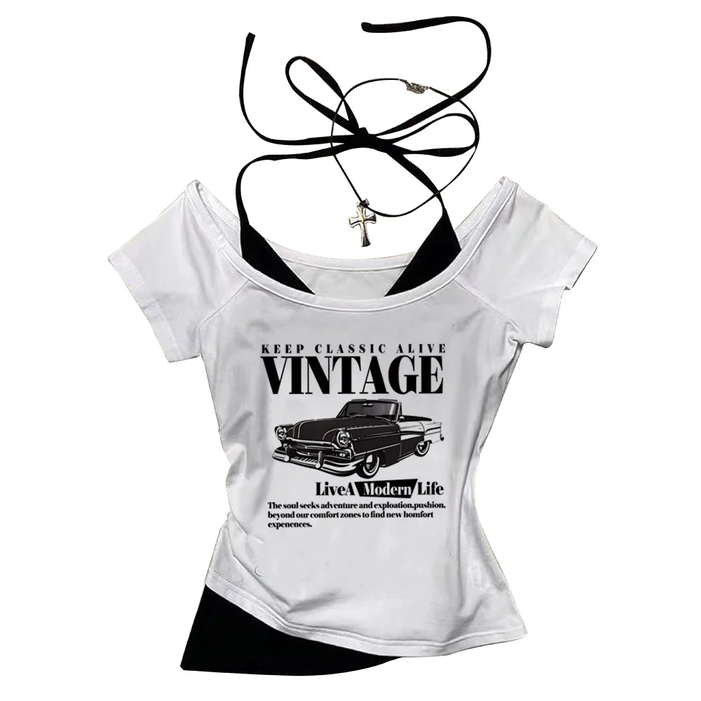 Vintage Car Retro Keep Classic Alive Cropped Girls Crop Top T Shirt Women's Print Shirt T-shirt Sexy Punk Y2k Shirt