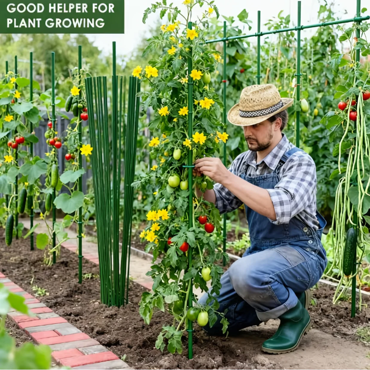 A set of 42 garden support frames with 60cm x 8mm long support rods (28 rods+14 connecting pipes) that are anti slip and wear-re