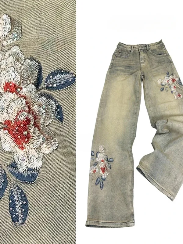 

Spring 2026 New Style Casual Embroidered Distressed Denim Pants High Waist Straight Leg Wide Leg Jeans for Women