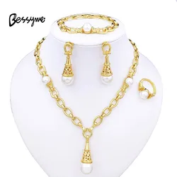 Fashion Women Jewelry Set Gold Plated Necklace Luxury Design Imitation Pearl Earrings Bracelet And Ring For Wedding Party