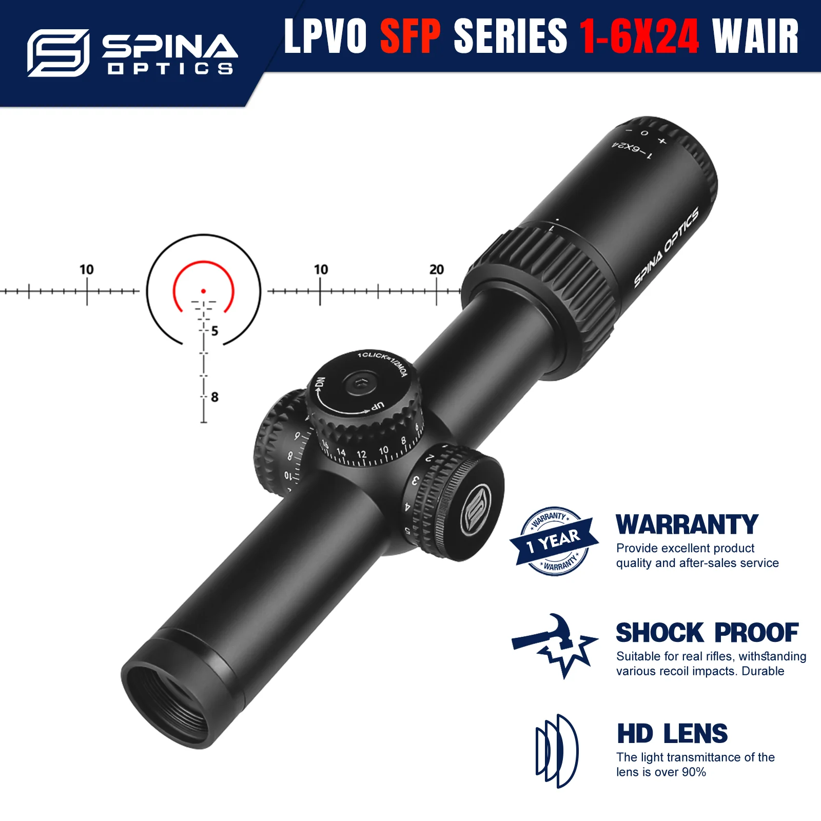 SPINA OPTICS 1-6x24 Riflescope Glass Etched Reticle Mid Dot Dual Purpose Red Dot Turret lock System Wide Field of View 22LR.556