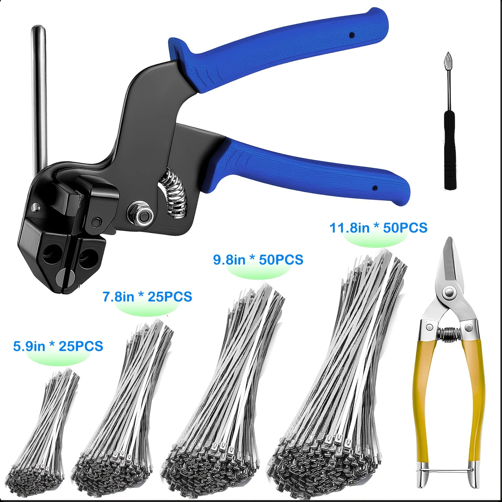 304 Stainless Steel Cable Tie Gun Kit-153PCS Metal Zip Ties (4 Sizes), Tensioning/Cutting Tool for Fencing, Chicken Coop, Cable Bundling, Exhaust Repair & Structural Reinforcement