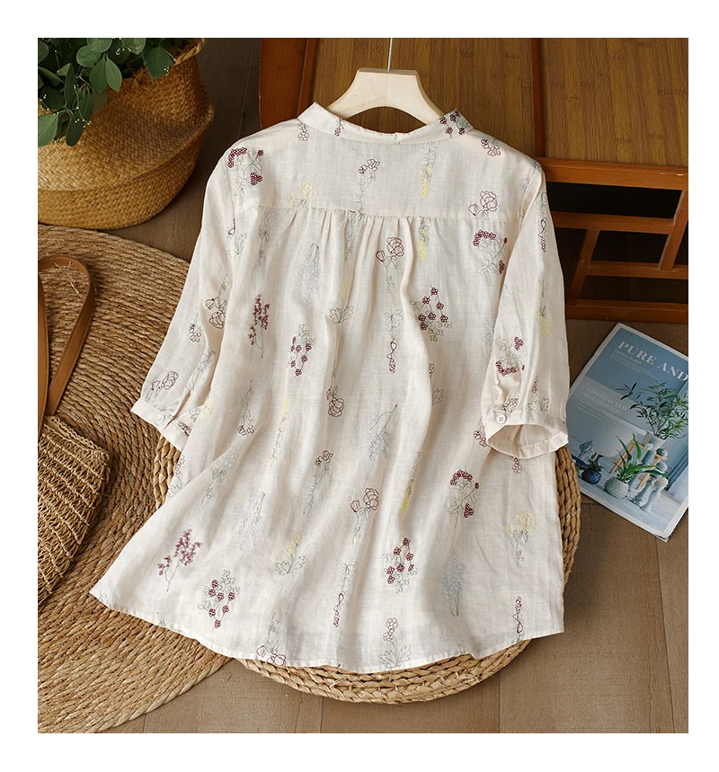 Embroidery Chinese Style Women Blouses Summer Cotto Linen Tops Loose Short Sleeve Clothing Sales Korean Women\'s Shirts