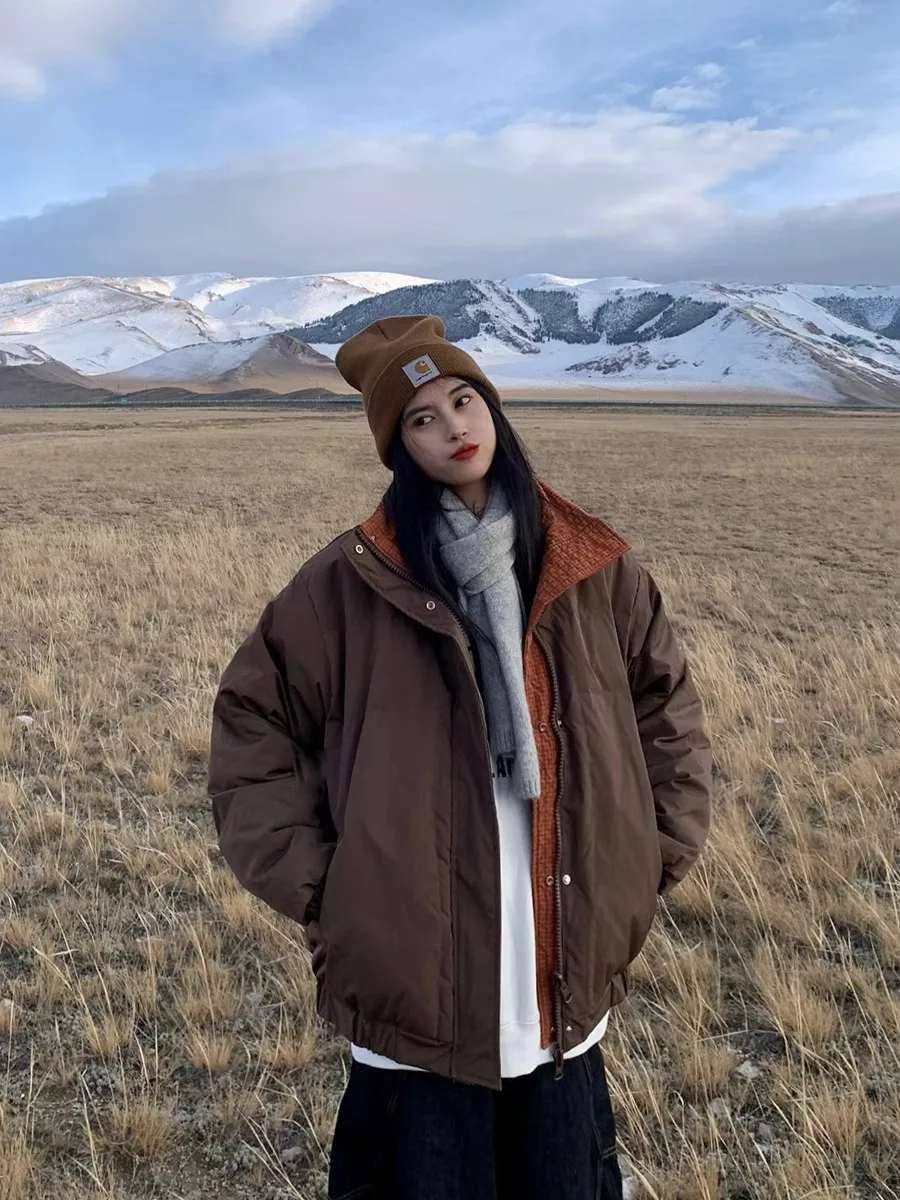 

Ретро-японская двусторонняя утепленная хлопковая куртка-пуховик с воротником-стойкой, свободная рабочая одежда из хлопка для подростков