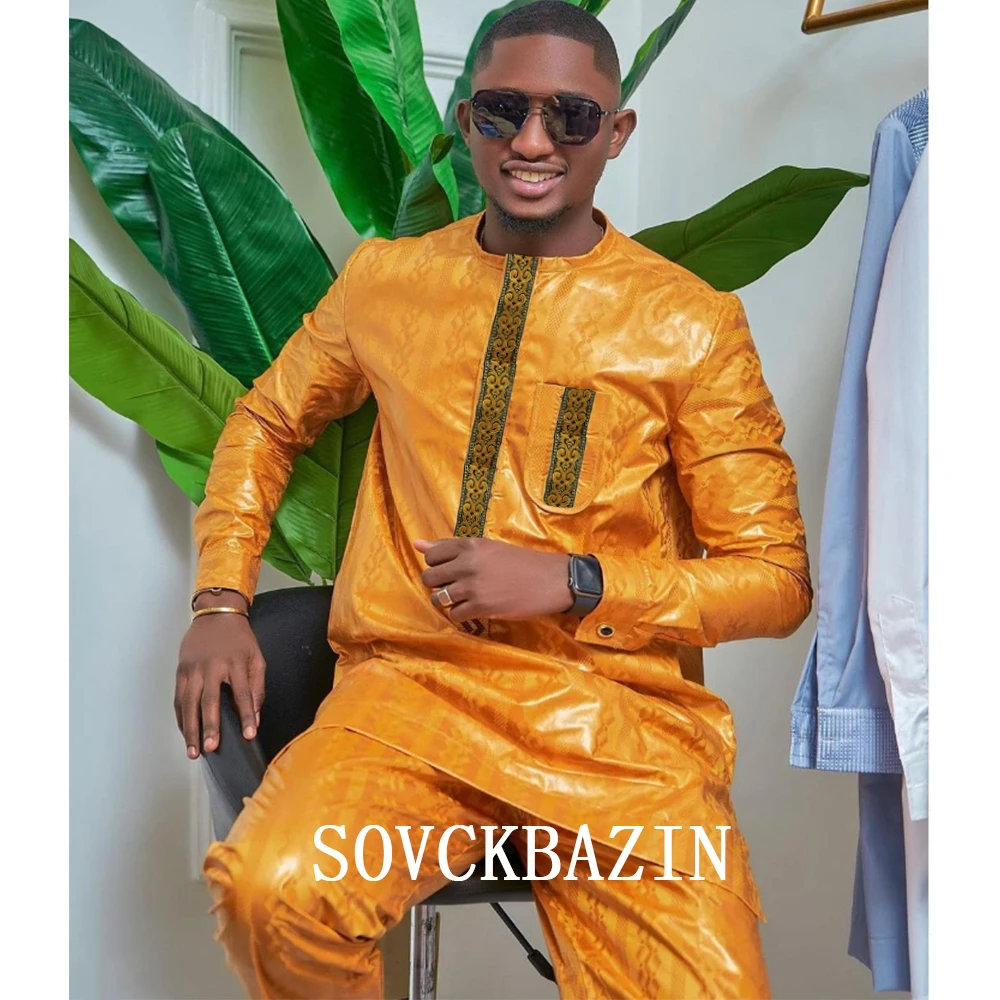 

African Clothing For Men Top Pant 2 Pieces Set Bazin Riche Men Tradition Embroidery Shirt With Trouser Wedding Nigeria Robe