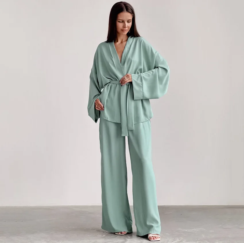 Pajamas For Women Loose Nightwear Long Sleeve 2 Piece Sets Pyjamas Sashes Solid Trouser Suits Casual Female Sleepwear 2022