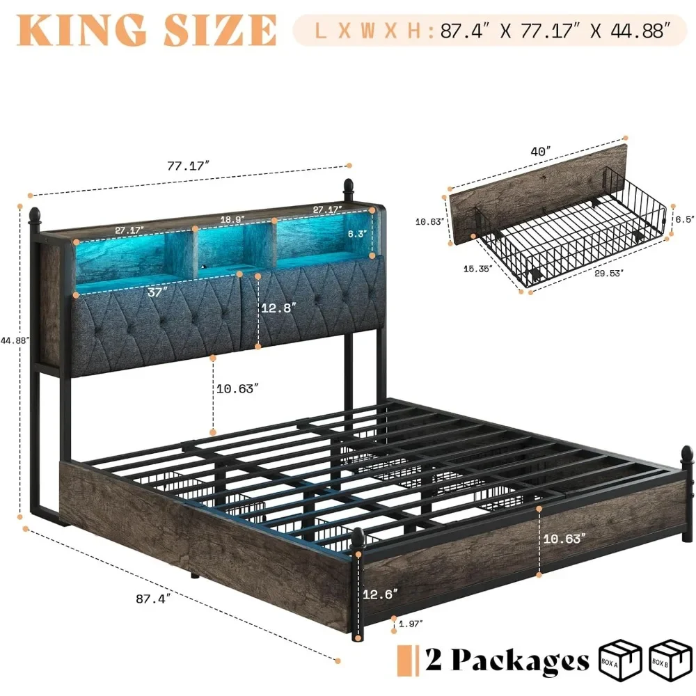 King Bed Frame with 2-Tier Storage Headboard and 4 Storage Drawers，Hidden Areas and Charging Station，Metal LED Bed Frame