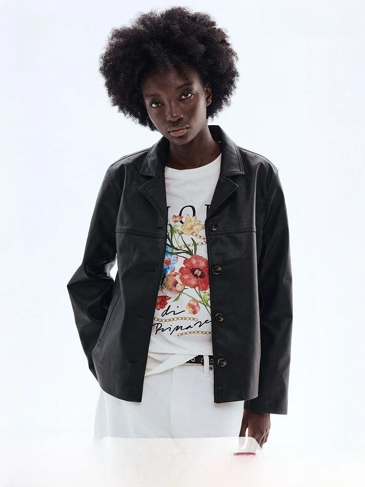 

H&M Spring 2026 Women's New Coated Jaet Simple Sle PU Leather Coat Flip Collar Regular Length for Young And Middle-aged