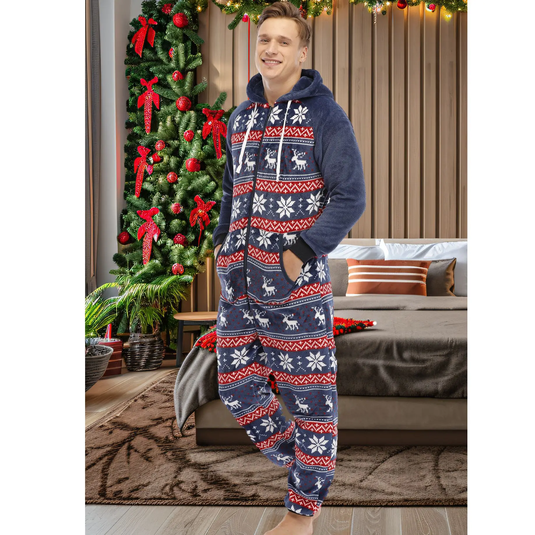 Deer Print Sleepwear Kigurumi Hooded Pajama Sets For Adult Men Pajamas Autumn Winter Warm Pyjamas Overall Suits