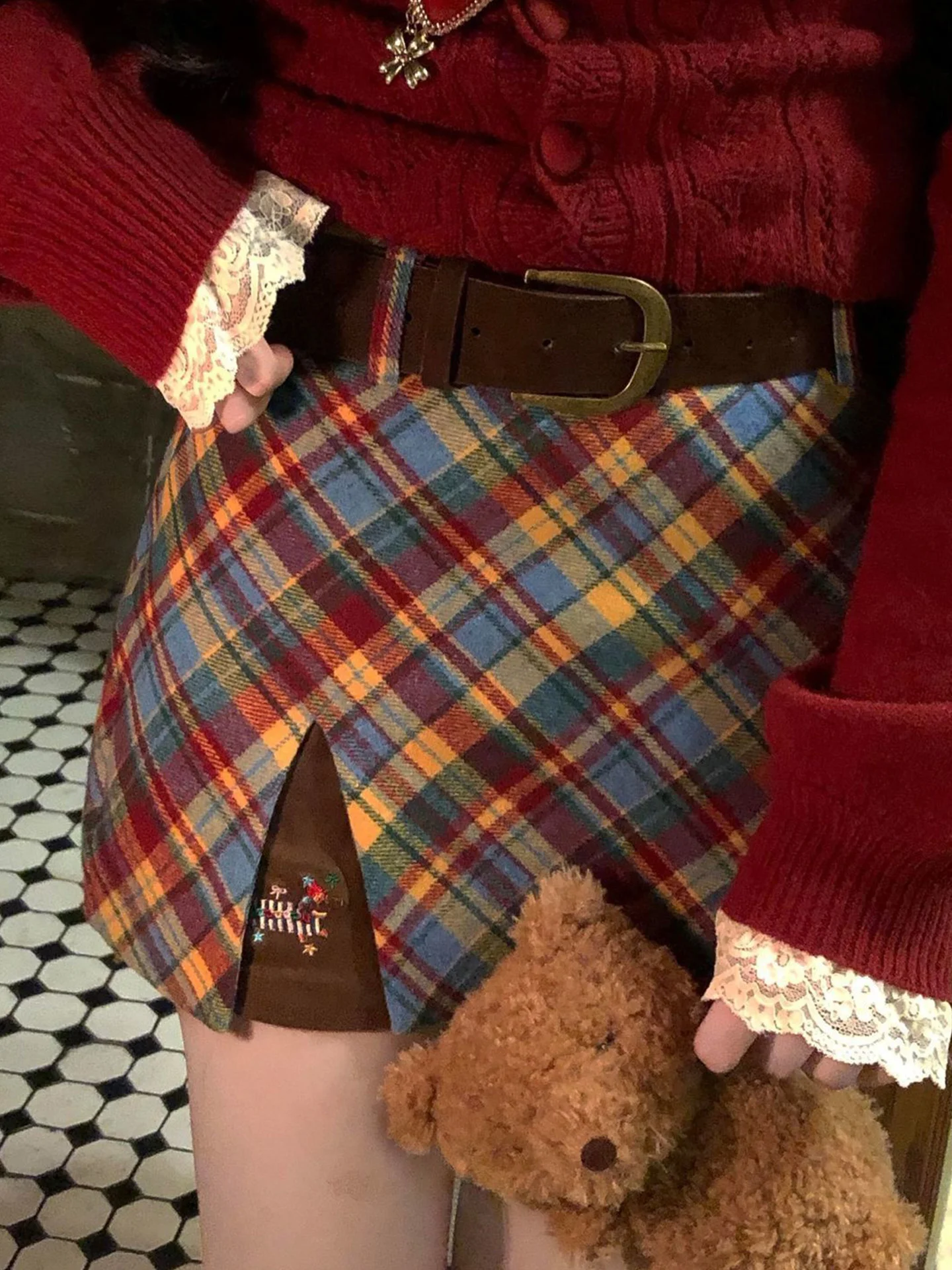 

Retro Plaid Patchwork Skirt High Waist A-Line Slimming ort Skirt Women's Spring New Sle Casual Embroidered f ...