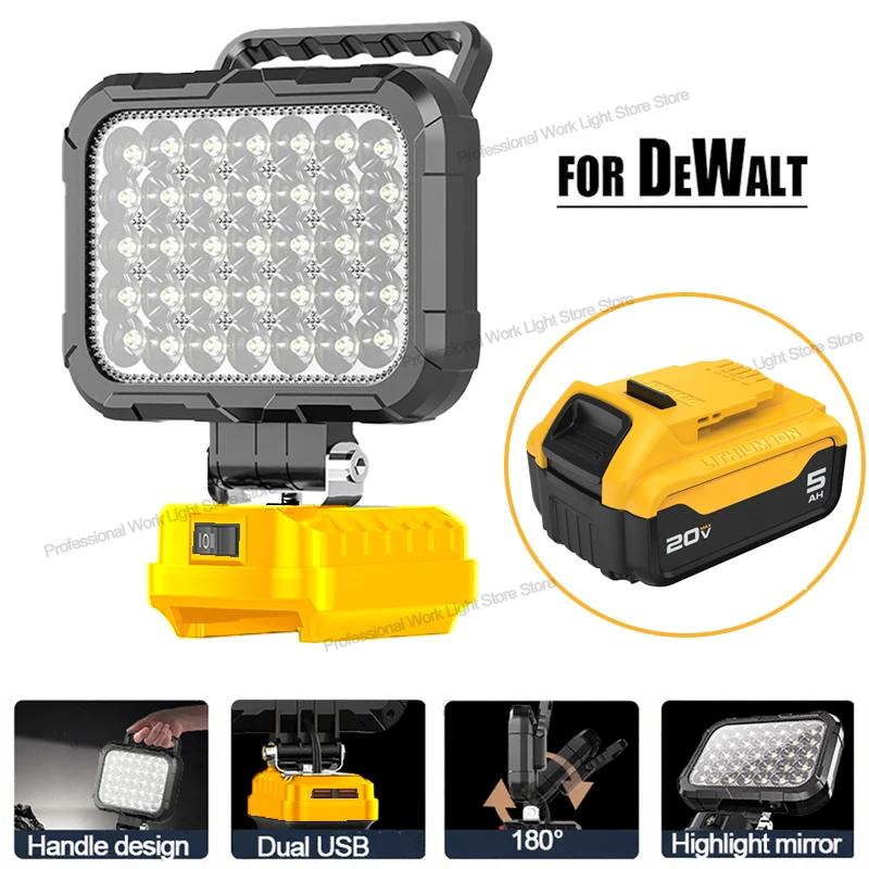 Lampada da lavoro portatile a LED 48W compatibile con batteria al litio Dewalt 18V per XR con torcia esterna USB 5400 lumen da 5 pollici