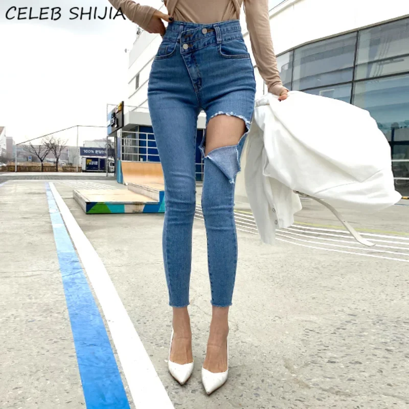 Asymmetry Ripped Jeans Woman Streetwear Elastic High Waisted Denim Pencil Pants Woman Korean Skinny Jeans Ladies Clothes