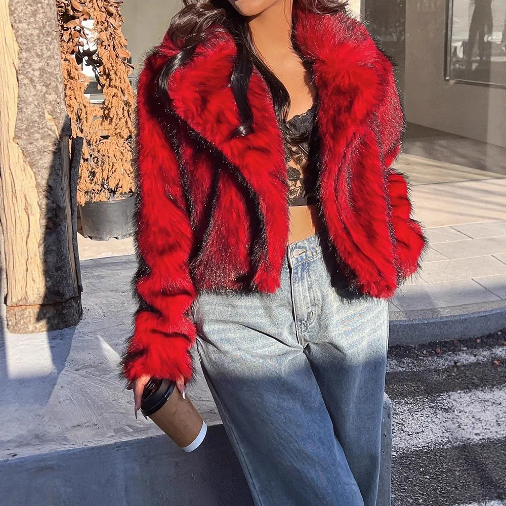 

Women Faux Fox Fur Coats Short Jackets Solid Lapel Collar Long Sleeves Open Stitch Thick Warm Fur Office Lady Casual 2025 Winter