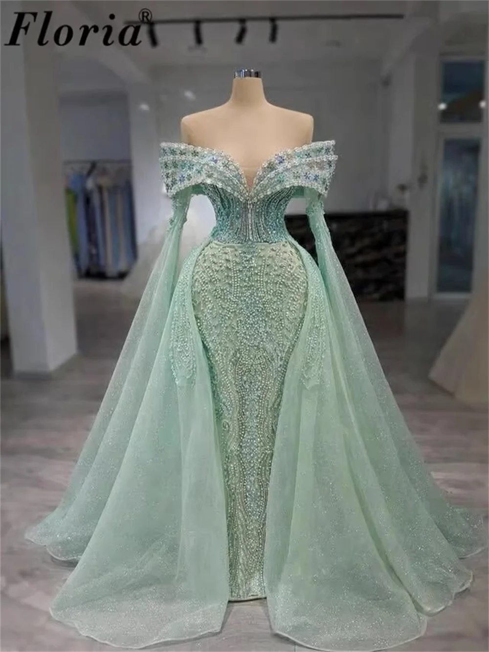 

Вечерние платья с отстегивающейся юбкой, мятно-зеленые, с открытыми плечами, коктейльные, расшитые бисером, для выпускного вечера, на заказ, для свадебных торжеств, вечерние платья