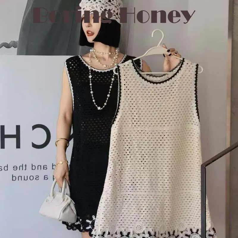 

Boring Honey Summer Fashion New Retro Color-Block Vest Dress Women Artistic Hollow-Out Crochet Embroidered Long Sleeveless Top