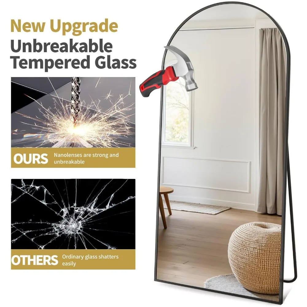 Miroir mural pleine longueur à dessus arqué avec support pour chambre à coucher, miroirs de sol inclinés ou suspendus 64 x 21