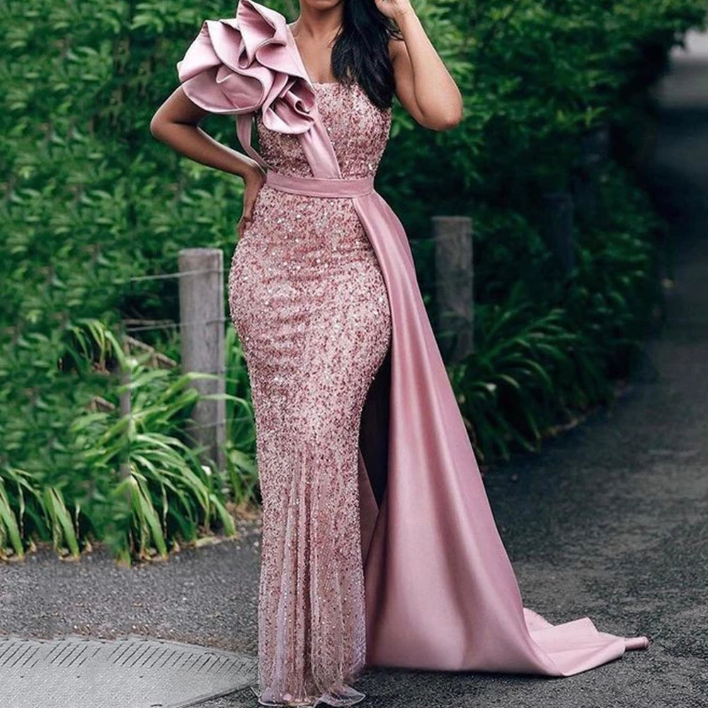 

Elegant One Shoulder Sequin Prom Dresses Aso Ebi Style African Women Mermaid Evening Dress Plus Size Glitter Long Party Gowns