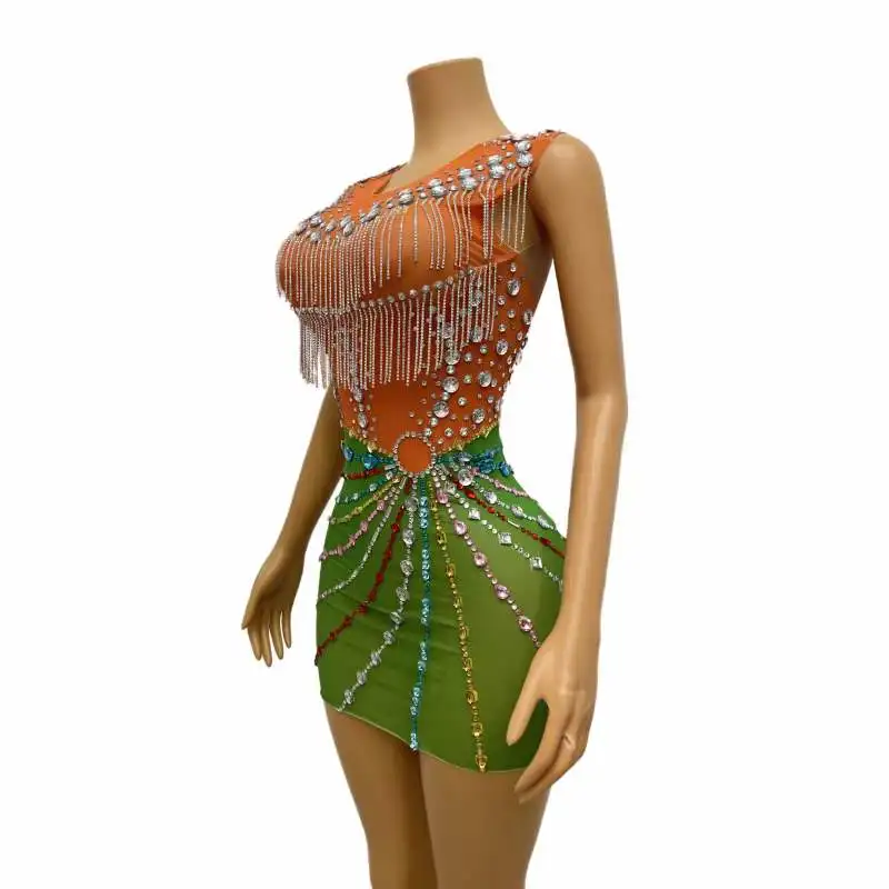 Abito elasticizzato con frange di strass verde per le donne senza maniche splendido abbigliamento da palcoscenico See Through DJ DS Gogo Drag Queen Costume