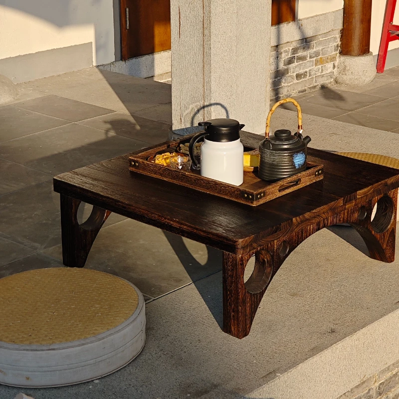 Solid Wood Antique Arch Bridge Table Chinese Vintage Charred Copper Tatami Tea Table Low Bay Window Tables for Hostel & Balcony