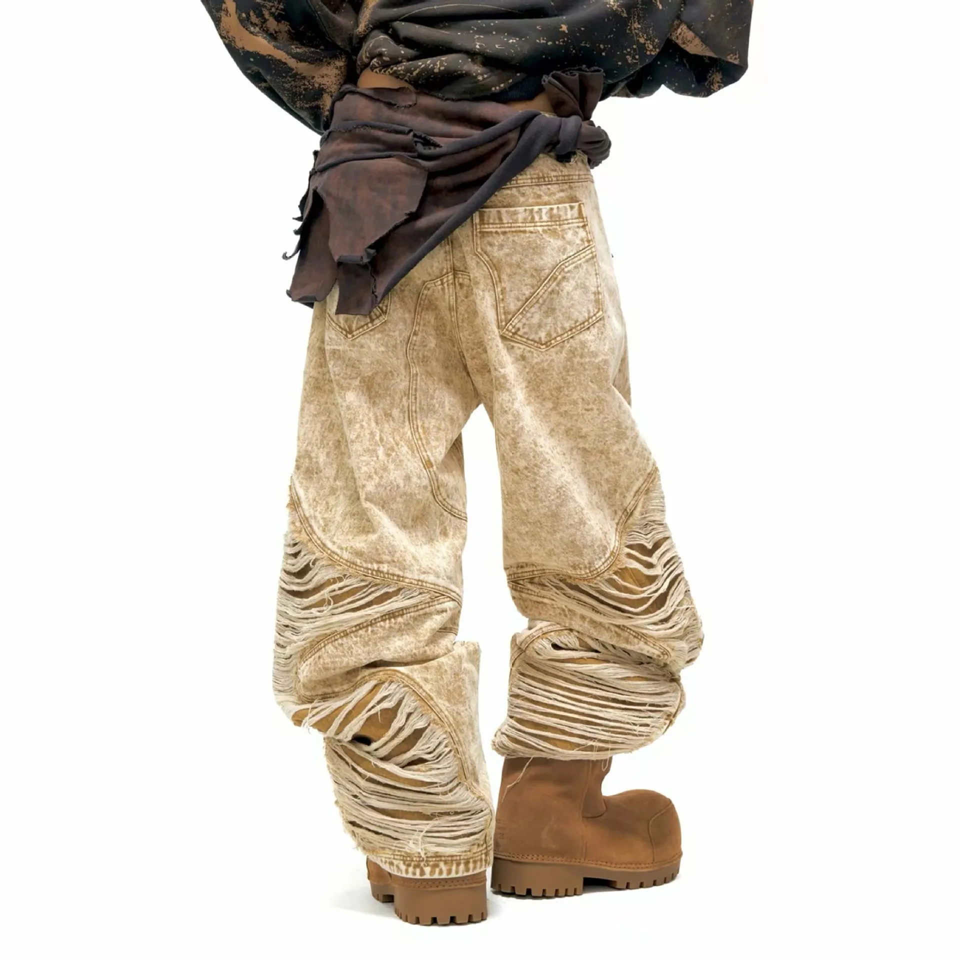 High Street Retro Distressed Wax Dyed Jeans Pants Men's Tie Dye Washed Water Bending Knife Floor Mopping Pants