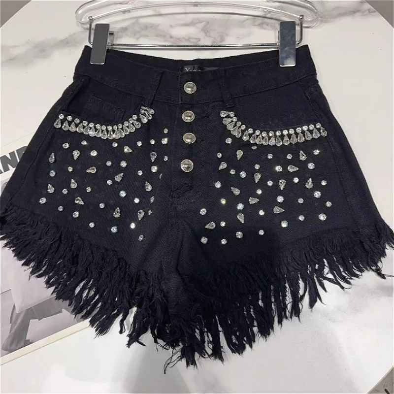 Denim Short Pant Women Jeans Vintage Pants Sexy Tassel High Waist Straight Trousers Y2k Streetwear Elegant Splice Work Casual