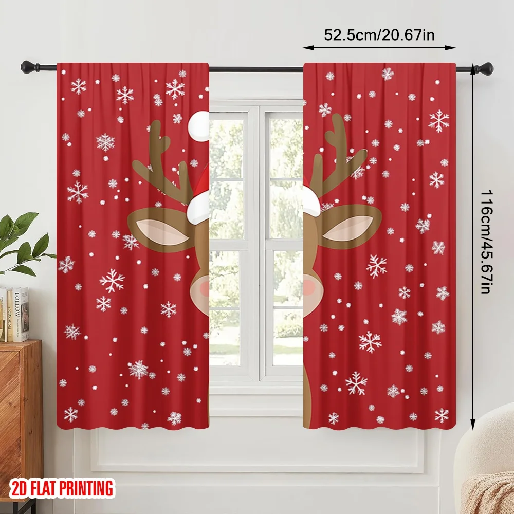 2pcs,2D plane printing Curtains&Window Treatment Cute Reindeer Christmas Snow (3) Versatile Polyester (without rod) Decorations