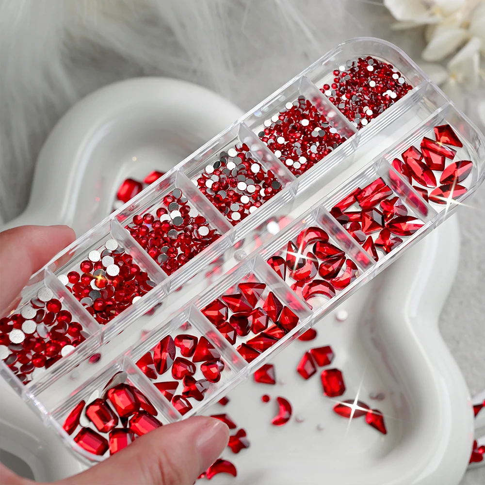 12grid Sexy Red Crystal Nail Art Rhinestones 3D Sparkly Flatback Glass Diamond&Mixed Size Round Gems Nail Jewelry Nail Diamonds