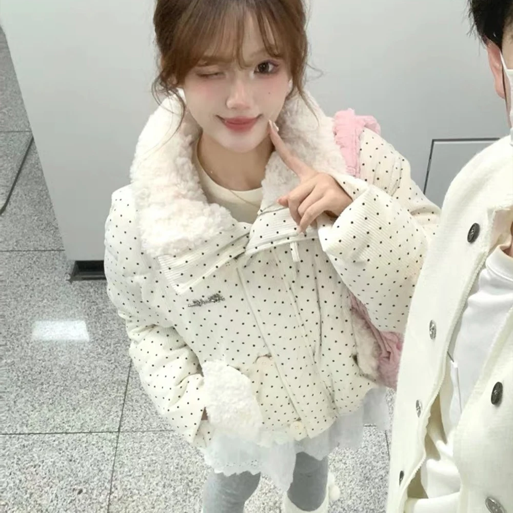 Korean Sweet Women Cotton Clothes Polka Dot Parka Sweet Lapel Cotton Jacket Thicken Tops Sweet Girl Winter Cotton Jacket Coat
