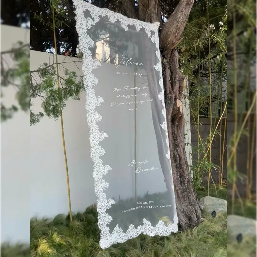 Romantic Wedding Guests Welcome Sign Elegant Lace Edge Hanging Welcome Backgrond For Outdoor Wedding Birthday Party Custom Made image 2