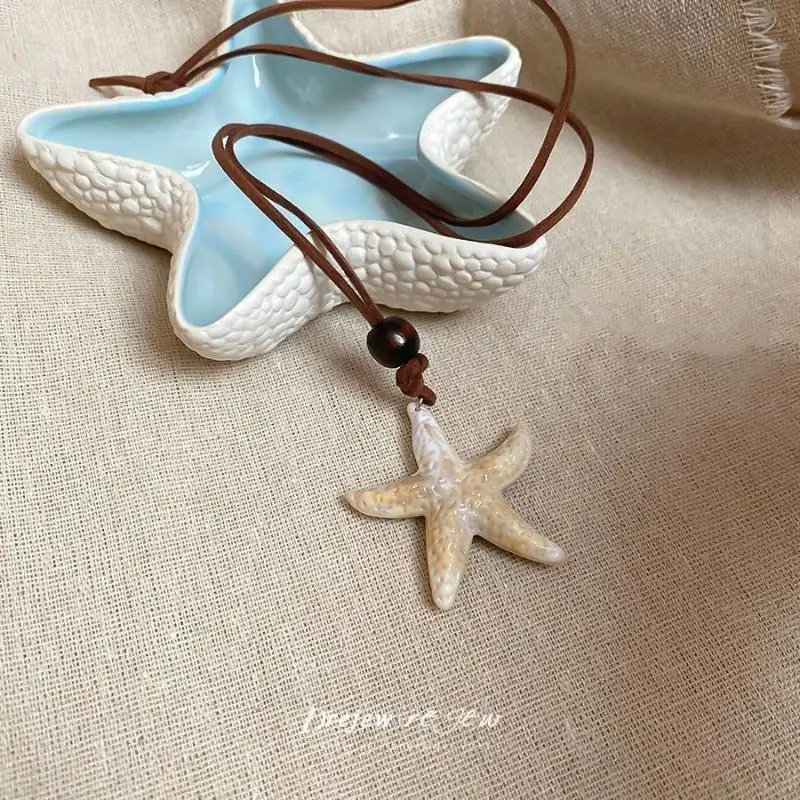 Starfish Pendant Necklace Waterproof Metal Charm Brown Leather Cord Wooden Bead for Surfing Summer Beach Activities